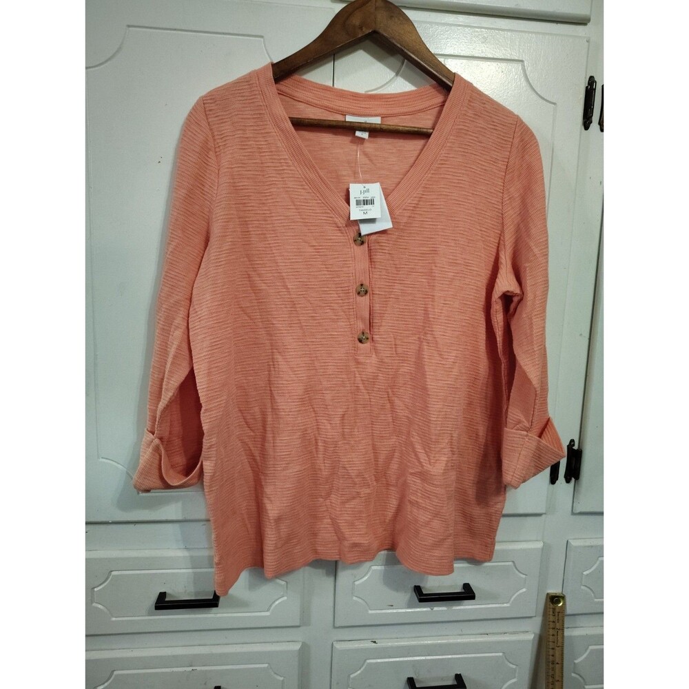 J. Jill Womens Cotton Slub Knit Henley Top 3/4 Sleeve V-Neck Medium New